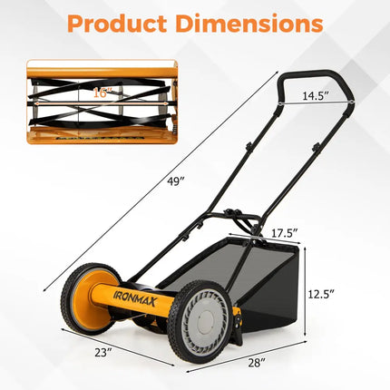 16 Inch Push Lawn Mower with 5 Steel Blades and Grass Catcher Bag-Orange - Orange - Lawn Care Tools