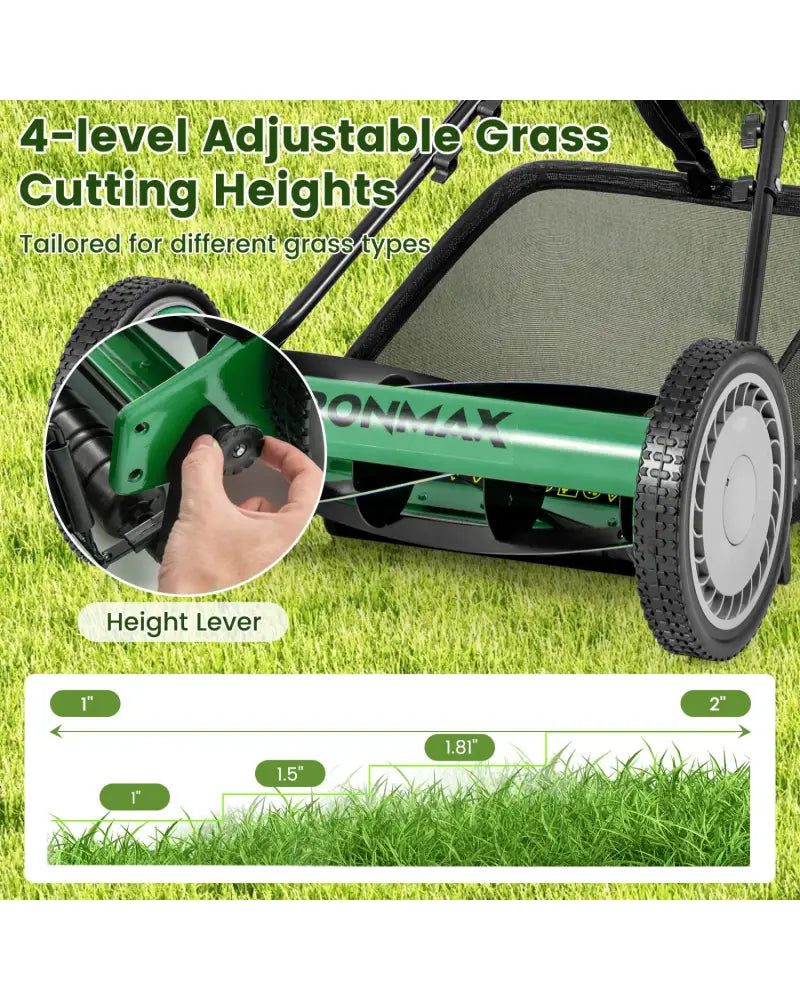 16 Inch Push Lawn Mower with 5 Steel Blades and Grass Catcher Bag-Green - Green - Lawn Care Tools
