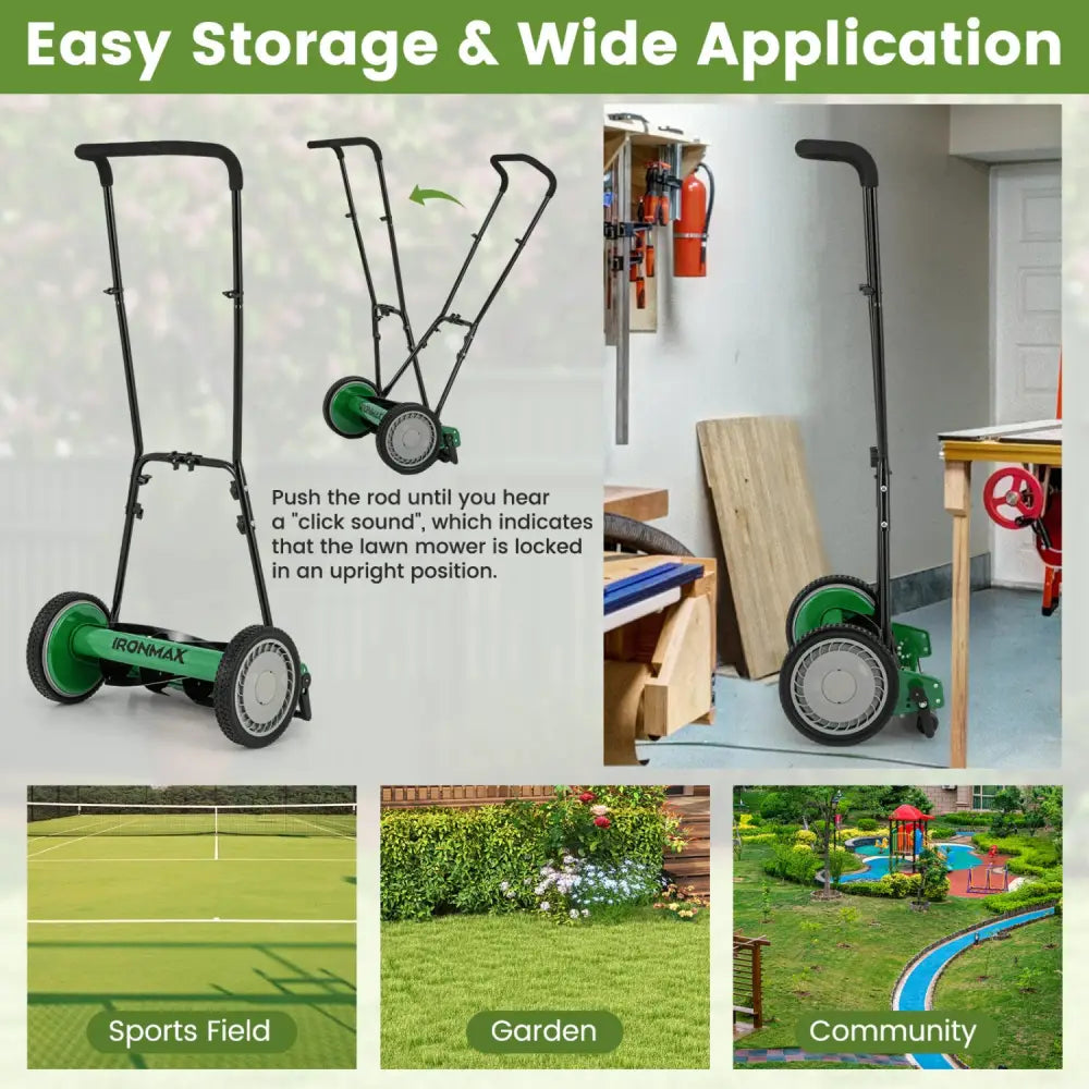 16 Inch Push Lawn Mower with 5 Steel Blades and Grass Catcher Bag-Green - Green - Lawn Care Tools