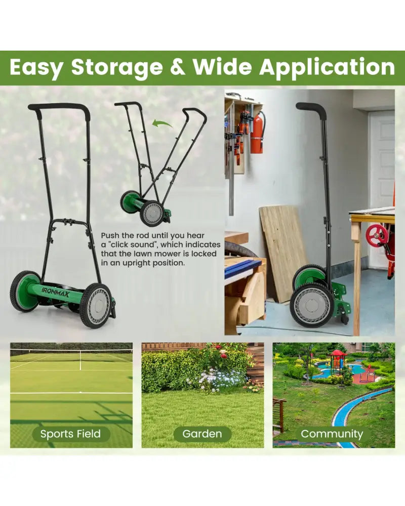 16 Inch Push Lawn Mower with 5 Steel Blades and Grass Catcher Bag-Green - Green - Lawn Care Tools