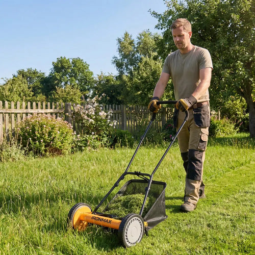 16 Inch Push Lawn Mower with 5 Steel Blades and Grass Catcher Bag-Orange - Orange - Lawn Care Tools