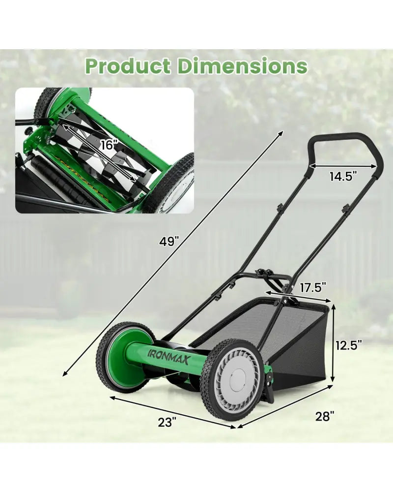 16 Inch Push Lawn Mower with 5 Steel Blades and Grass Catcher Bag-Green - Green - Lawn Care Tools