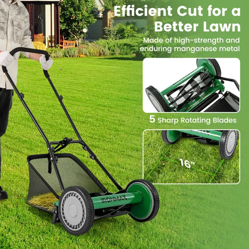 16 Inch Push Lawn Mower with 5 Steel Blades and Grass Catcher Bag-Green - Green - Lawn Care Tools