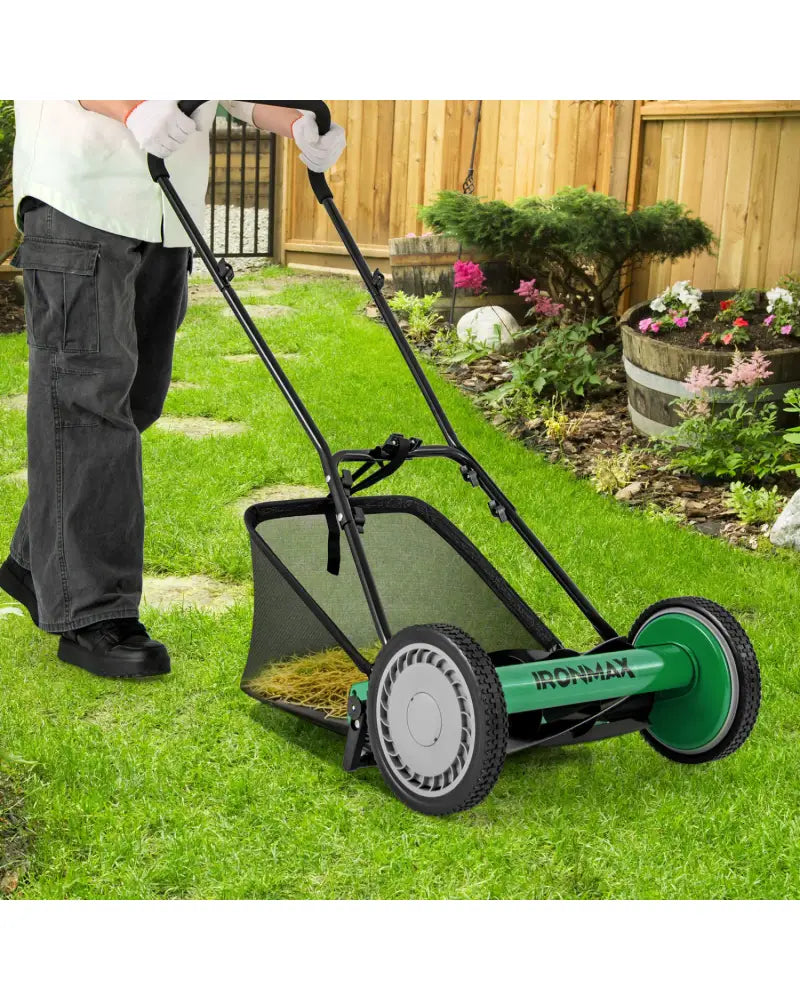 16 Inch Push Lawn Mower with 5 Steel Blades and Grass Catcher Bag-Green - Green - Lawn Care Tools