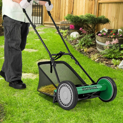 16 Inch Push Lawn Mower with 5 Steel Blades and Grass Catcher Bag-Green - Green - Lawn Care Tools