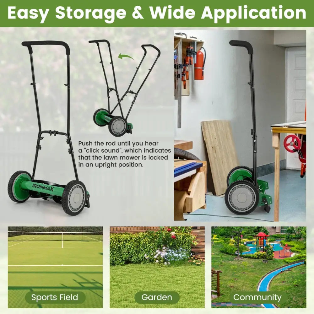 16 Inch Push Lawn Mower with 5 Steel Blades and Grass Catcher Bag-Green - Green - Lawn Care Tools