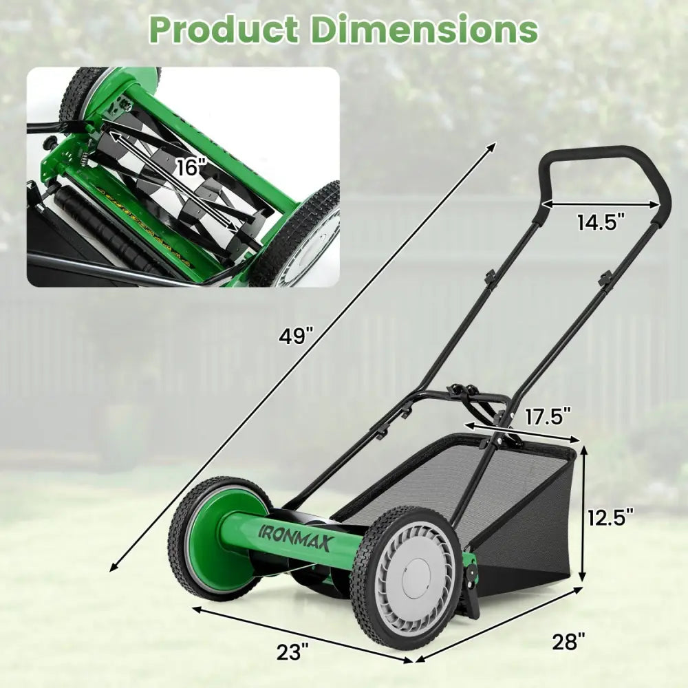 16 Inch Push Lawn Mower with 5 Steel Blades and Grass Catcher Bag-Green - Green - Lawn Care Tools