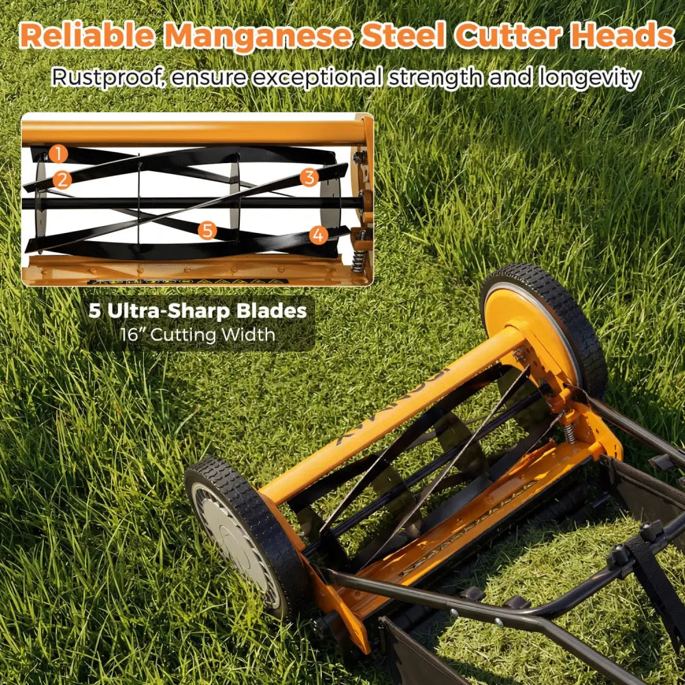 16 Inch Push Lawn Mower with 5 Steel Blades and Grass Catcher Bag-Orange - Orange - Lawn Care Tools