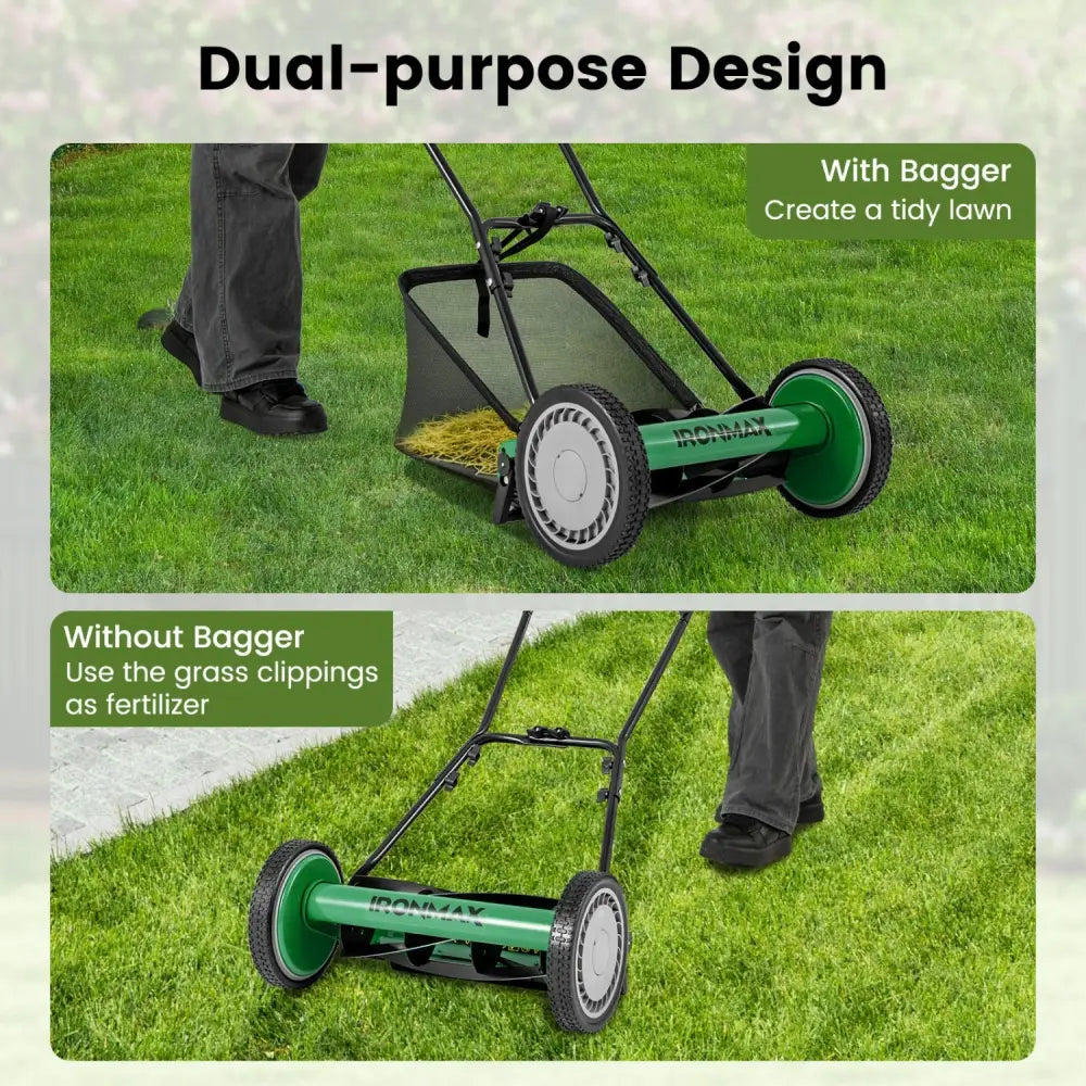 16 Inch Push Lawn Mower with 5 Steel Blades and Grass Catcher Bag-Green - Green - Lawn Care Tools