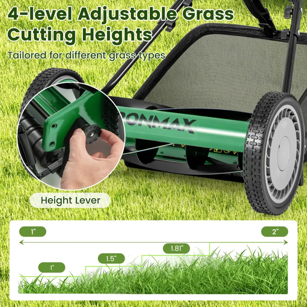 16 Inch Push Lawn Mower with 5 Steel Blades and Grass Catcher Bag-Green - Green - Lawn Care Tools