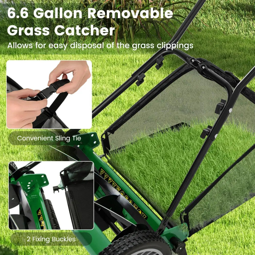16 Inch Push Lawn Mower with 5 Steel Blades and Grass Catcher Bag-Green - Green - Lawn Care Tools