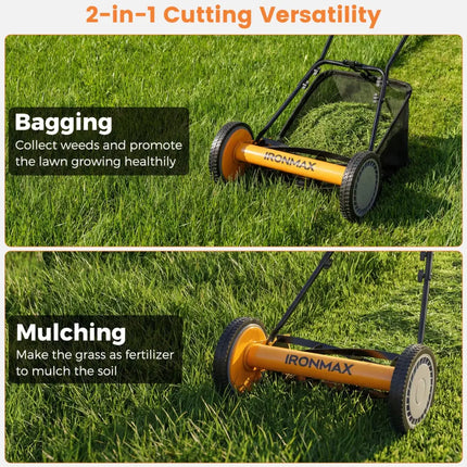 16 Inch Push Lawn Mower with 5 Steel Blades and Grass Catcher Bag-Orange - Orange - Lawn Care Tools