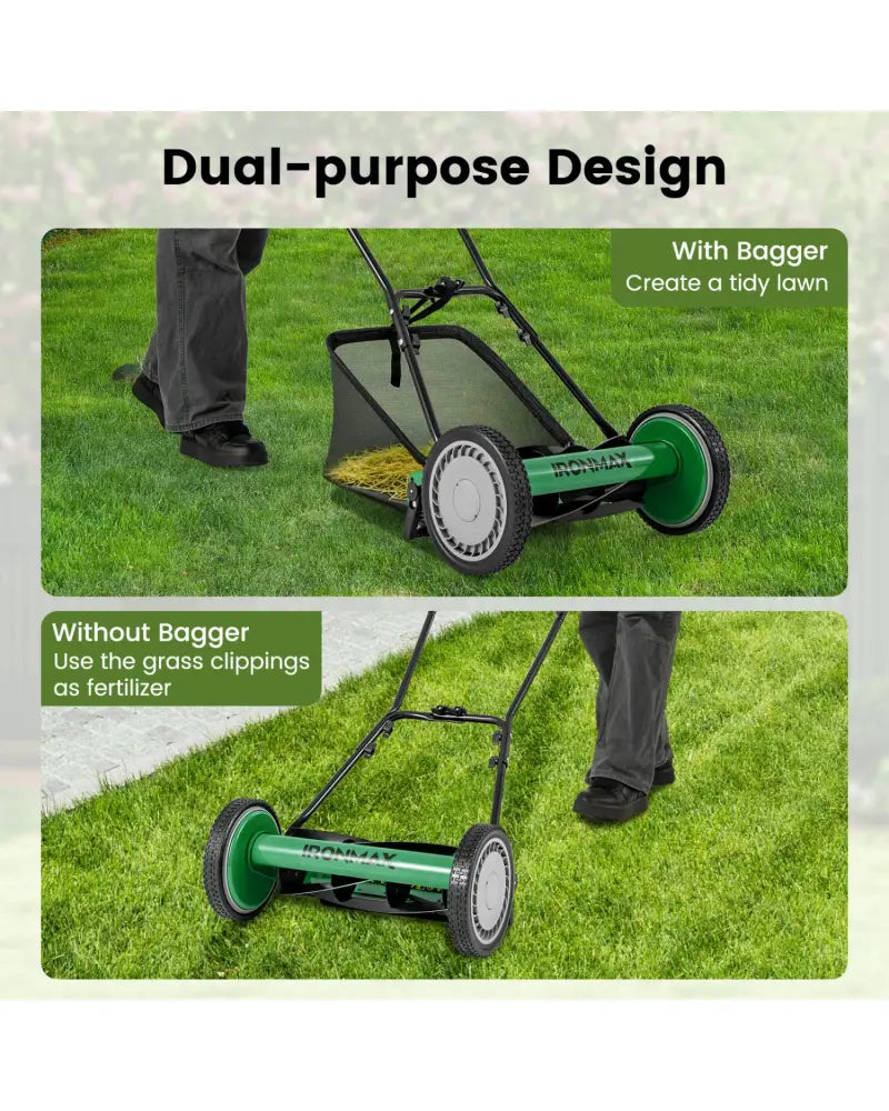 16 Inch Push Lawn Mower with 5 Steel Blades and Grass Catcher Bag-Green - Green - Lawn Care Tools
