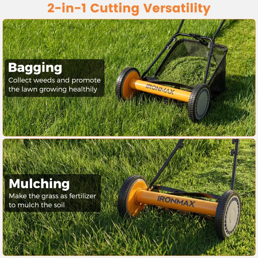 16 Inch Push Lawn Mower with 5 Steel Blades and Grass Catcher Bag-Orange - Orange - Lawn Care Tools