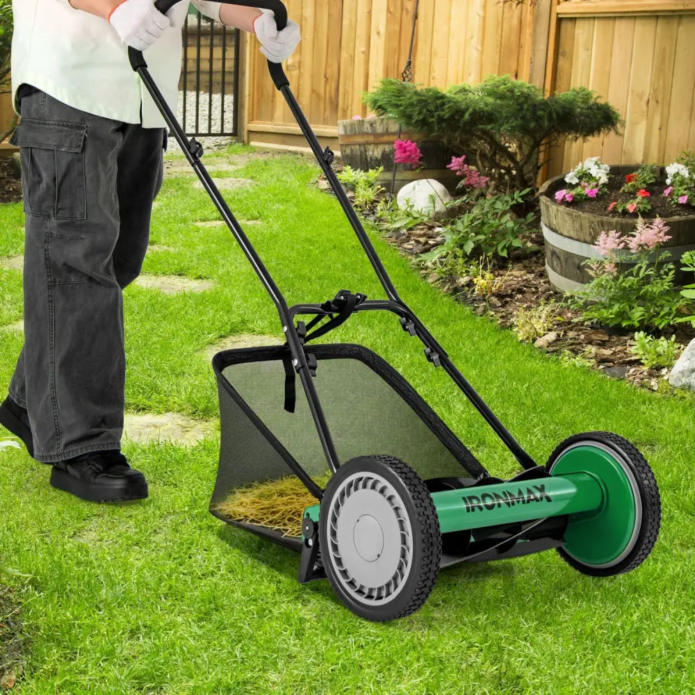 16 Inch Push Lawn Mower with 5 Steel Blades and Grass Catcher Bag-Green - Green - Lawn Care Tools