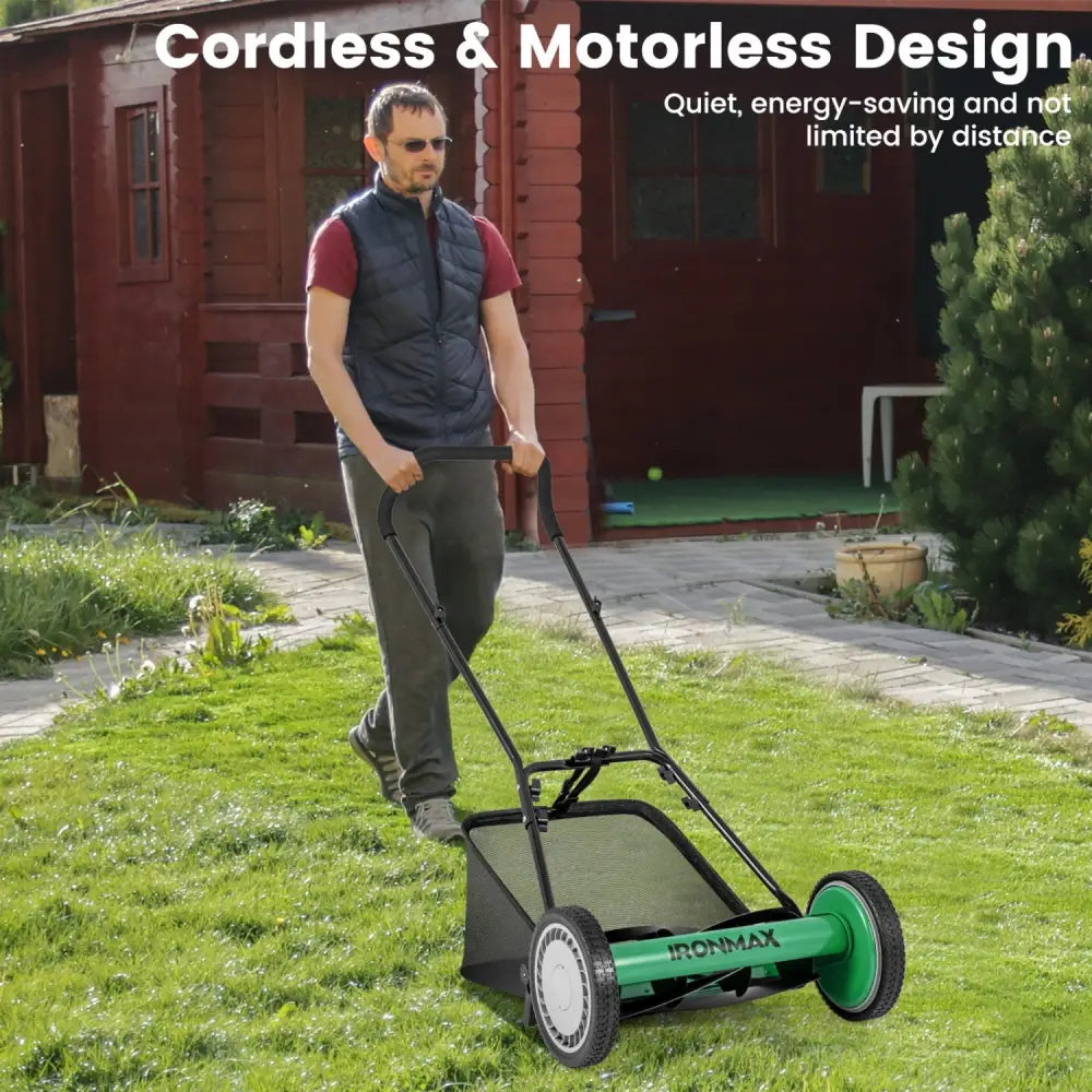 16 Inch Push Lawn Mower with 5 Steel Blades and Grass Catcher Bag-Green - Green - Lawn Care Tools