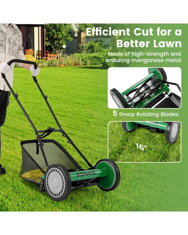 16 Inch Push Lawn Mower with 5 Steel Blades and Grass Catcher Bag-Green - Green - Lawn Care Tools
