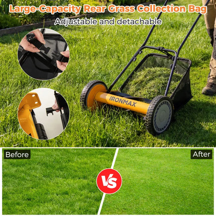 16 Inch Push Lawn Mower with 5 Steel Blades and Grass Catcher Bag-Orange - Orange - Lawn Care Tools