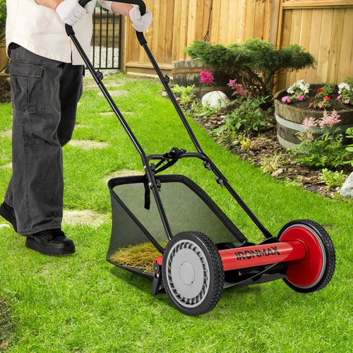 16 Inch Push Lawn Mower with 5 Steel Blades and Grass Catcher Bag-Red - Red - Lawn Care Tools