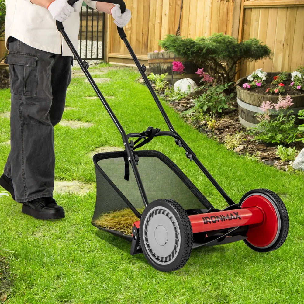 16 Inch Push Lawn Mower with 5 Steel Blades and Grass Catcher Bag-Red - Red - Lawn Care Tools