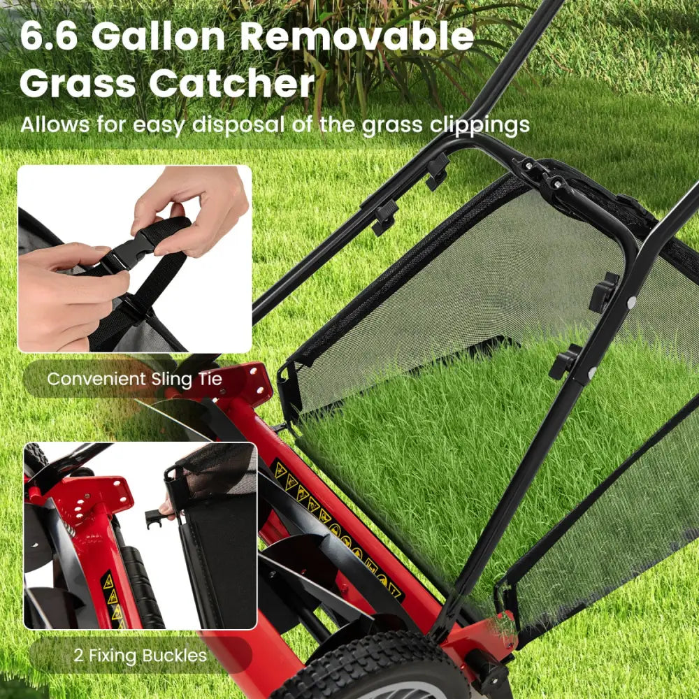 16 Inch Push Lawn Mower with 5 Steel Blades and Grass Catcher Bag-Red - Red - Lawn Care Tools