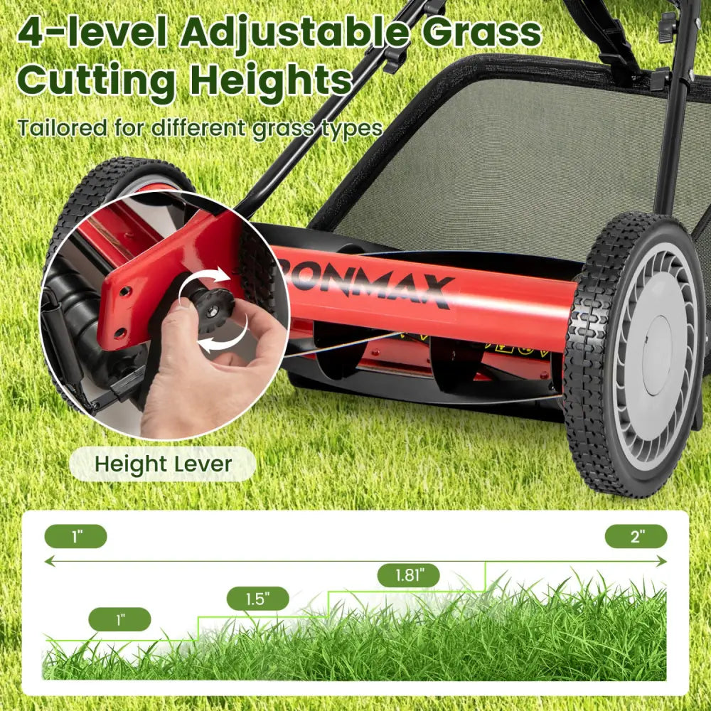 16 Inch Push Lawn Mower with 5 Steel Blades and Grass Catcher Bag-Red - Red - Lawn Care Tools