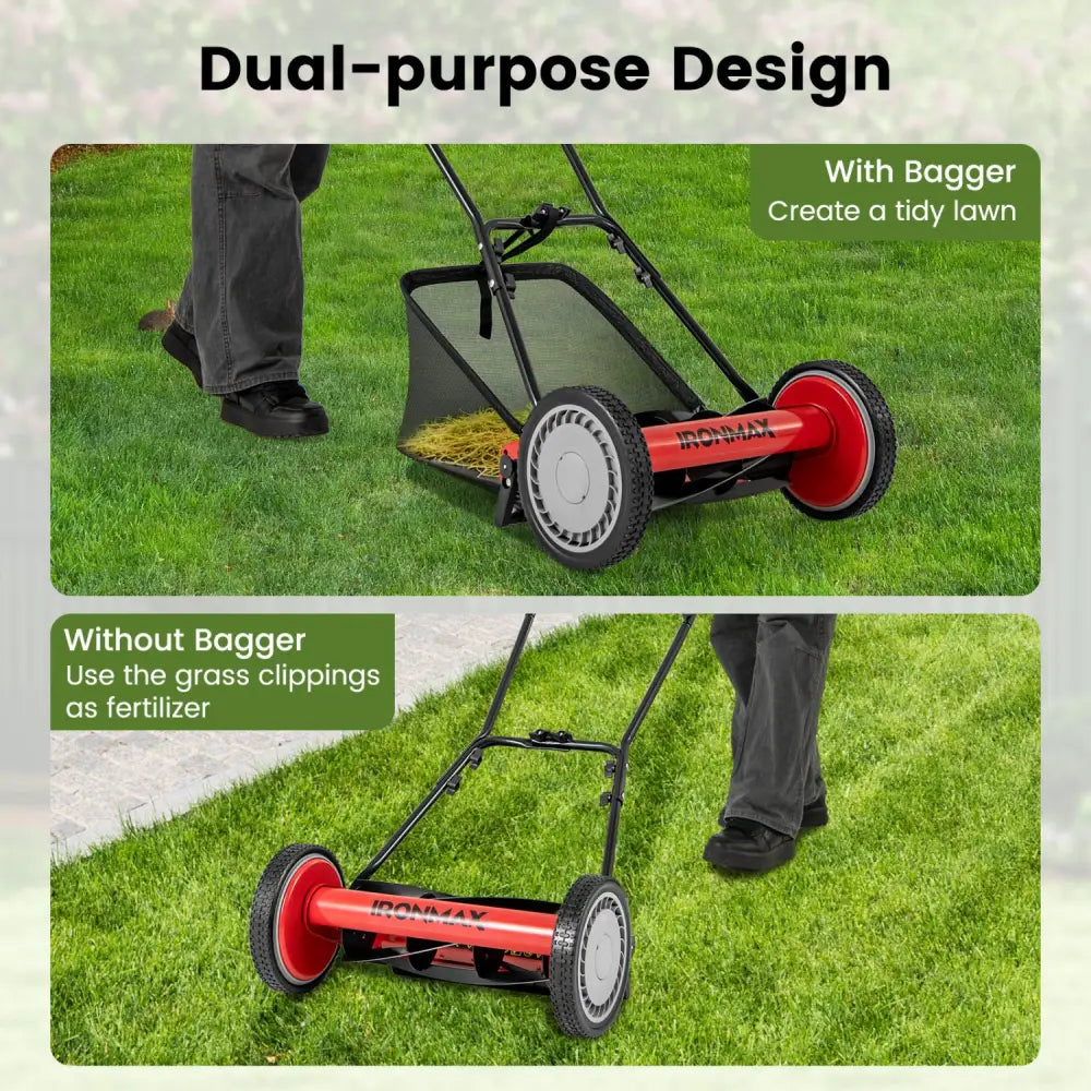 16 Inch Push Lawn Mower with 5 Steel Blades and Grass Catcher Bag-Red - Red - Lawn Care Tools