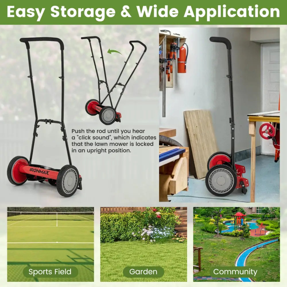 16 Inch Push Lawn Mower with 5 Steel Blades and Grass Catcher Bag-Red - Red - Lawn Care Tools