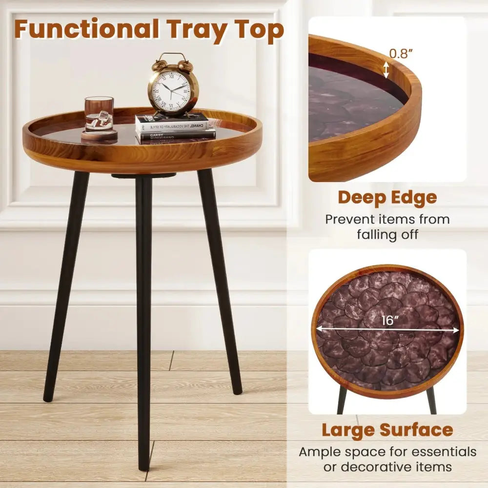 16 Inch Round End Table with Sea Shell Decoration and Epoxy Resin Finish-Brown Costway