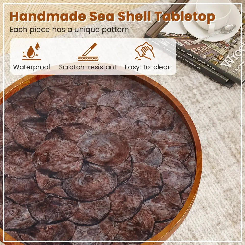 16 Inch Round End Table with Sea Shell Decoration and Epoxy Resin Finish-Brown - Brown - End & Side Tables