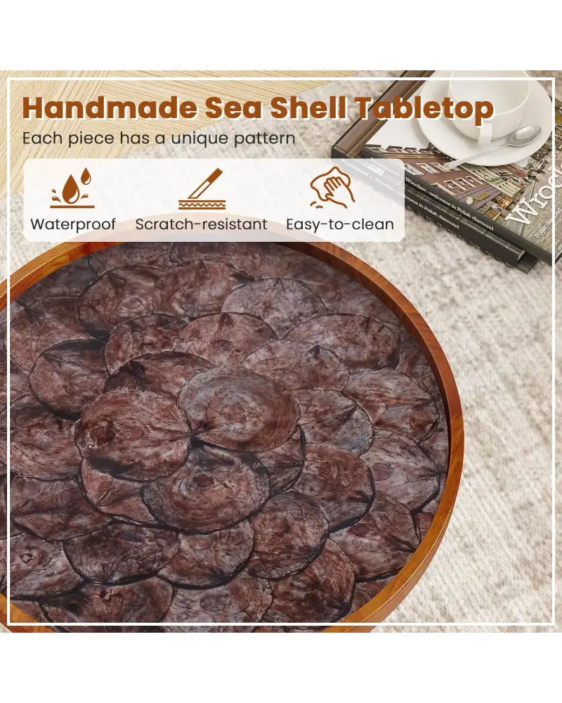16 Inch Round End Table with Sea Shell Decoration and Epoxy Resin Finish-Brown - Brown - End & Side Tables