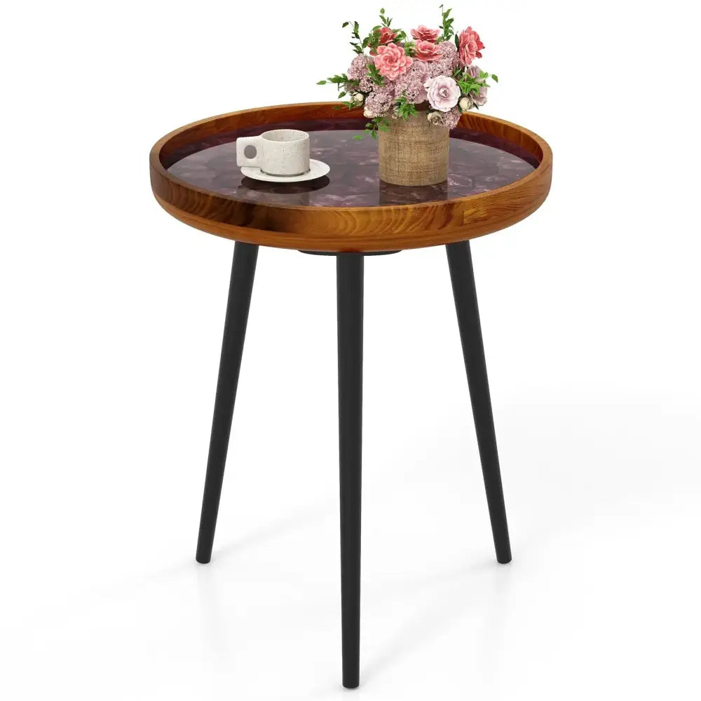16 Inch Round End Table with Sea Shell Decoration and Epoxy Resin Finish-Brown Costway