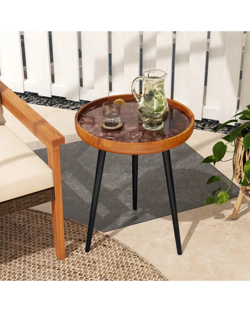 16 Inch Round End Table with Sea Shell Decoration and Epoxy Resin Finish-Brown - Brown - End & Side Tables