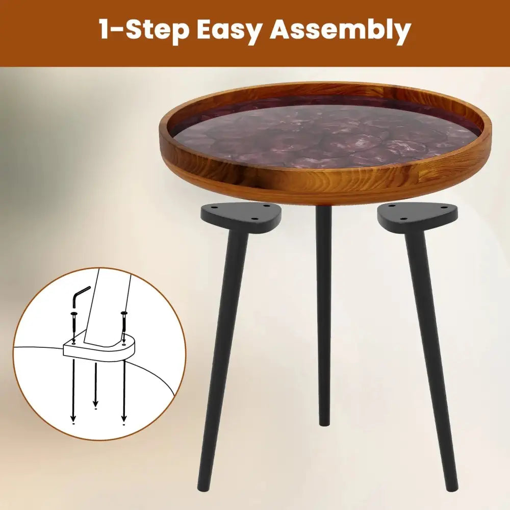 16 Inch Round End Table with Sea Shell Decoration and Epoxy Resin Finish-Brown Costway