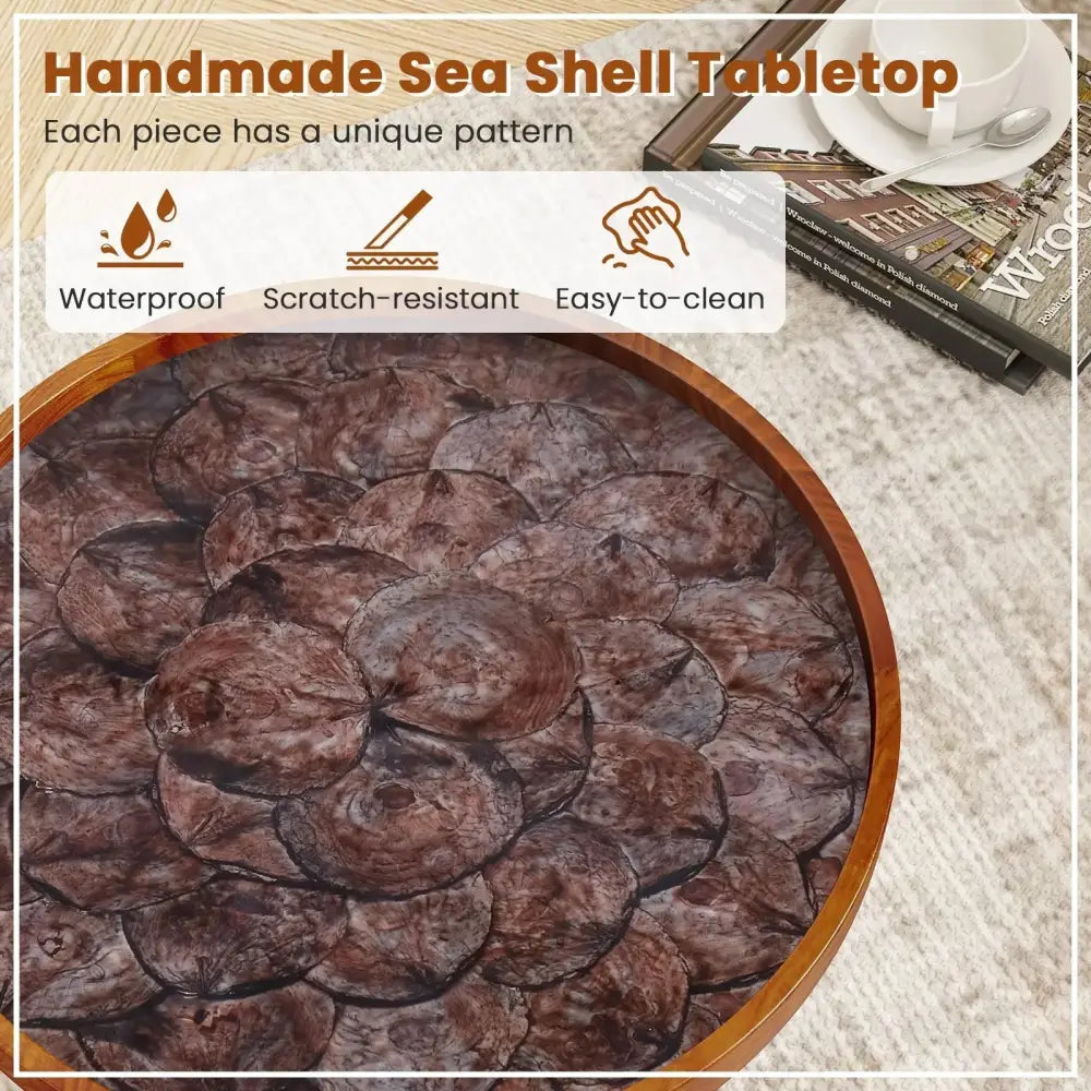 16 Inch Round End Table with Sea Shell Decoration and Epoxy Resin Finish-Brown Costway