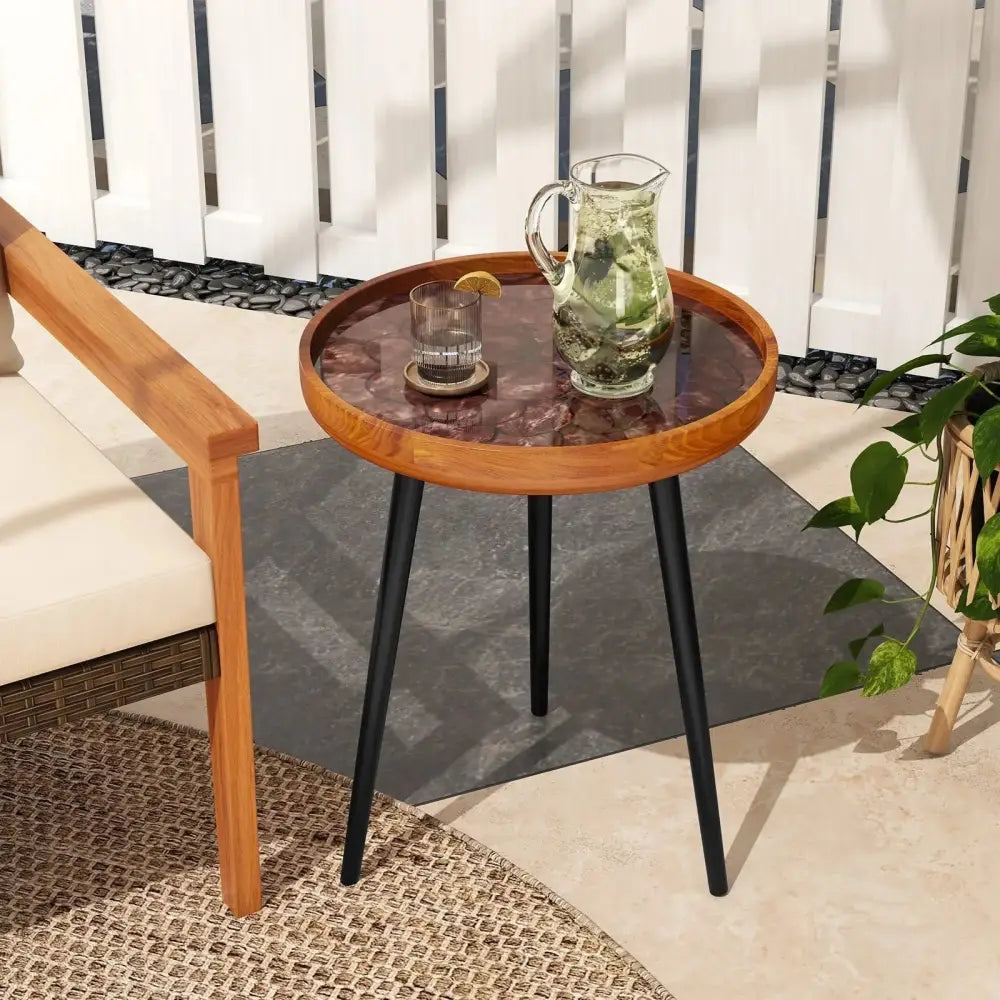 16 Inch Round End Table with Sea Shell Decoration and Epoxy Resin Finish-Brown Costway