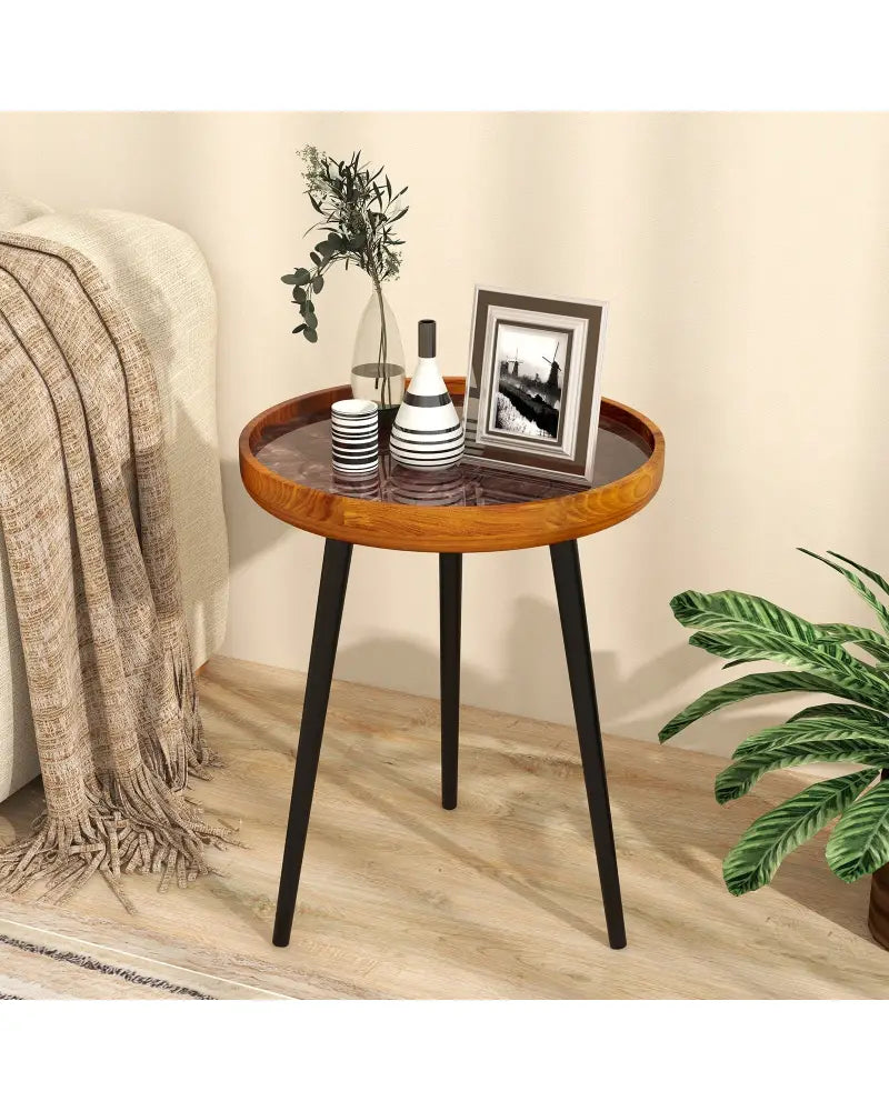 16 Inch Round End Table with Sea Shell Decoration and Epoxy Resin Finish-Brown - Brown - End & Side Tables