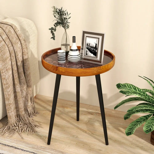 16 Inch Round End Table with Sea Shell Decoration and Epoxy Resin Finish-Brown - Brown - End & Side Tables