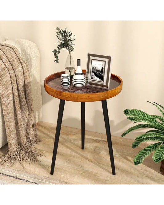 16 Inch Round End Table with Sea Shell Decoration and Epoxy Resin Finish-Brown - Brown - End & Side Tables