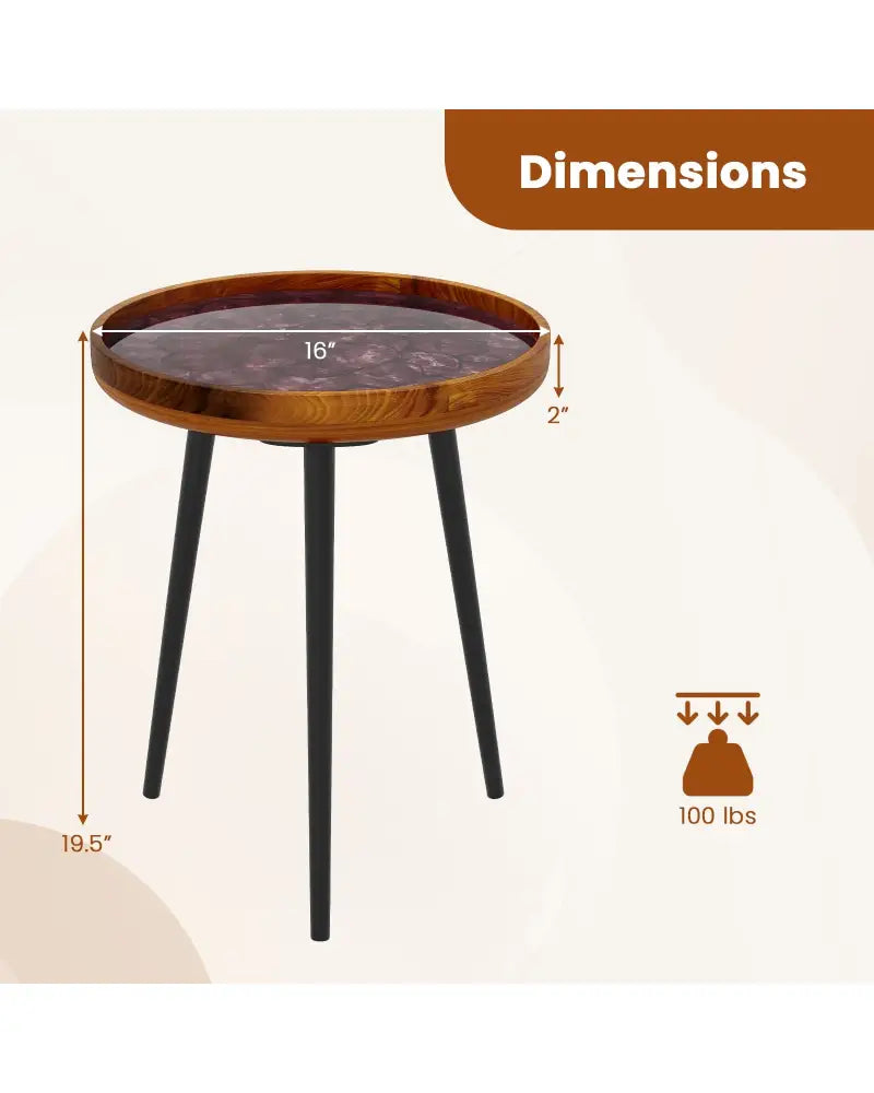 16 Inch Round End Table with Sea Shell Decoration and Epoxy Resin Finish-Brown - Brown - End & Side Tables