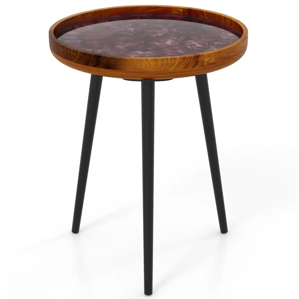 16 Inch Round End Table with Sea Shell Decoration and Epoxy Resin Finish-Brown - Brown - End & Side Tables
