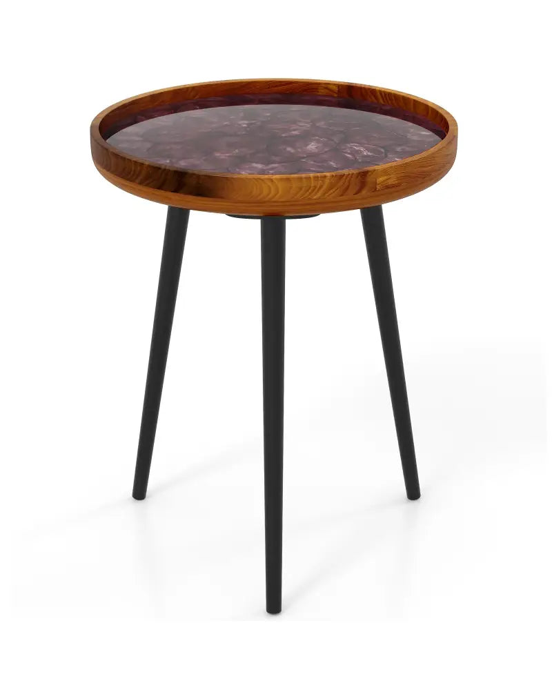 16 Inch Round End Table with Sea Shell Decoration and Epoxy Resin Finish-Brown - Brown - End & Side Tables