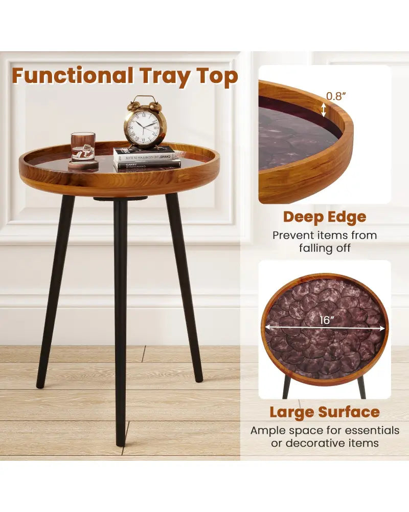 16 Inch Round End Table with Sea Shell Decoration and Epoxy Resin Finish-Brown - Brown - End & Side Tables