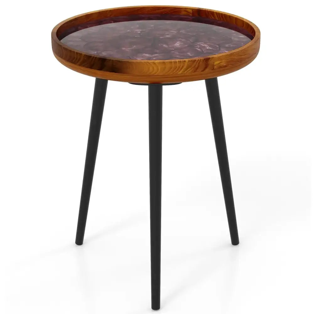 16 Inch Round End Table with Sea Shell Decoration and Epoxy Resin Finish-Brown Costway