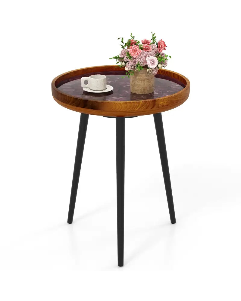 16 Inch Round End Table with Sea Shell Decoration and Epoxy Resin Finish-Brown - Brown - End & Side Tables