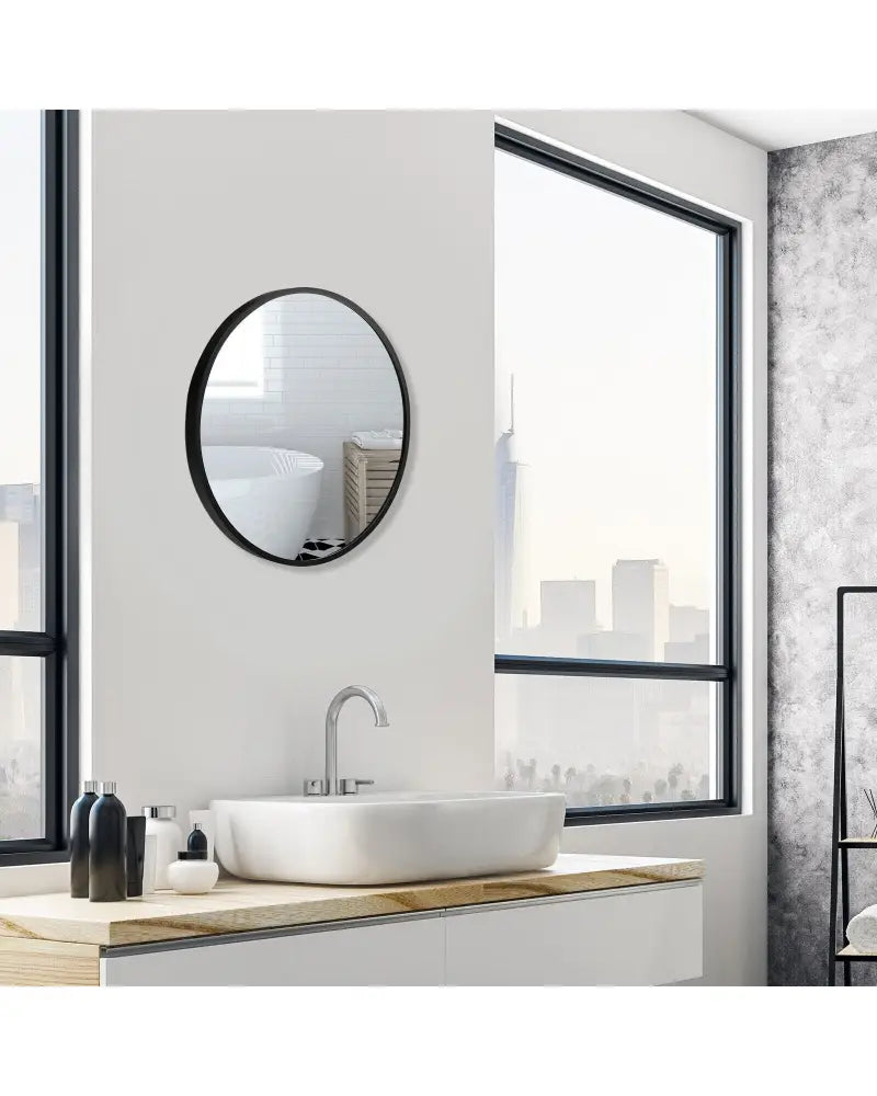 16-inch Round Wall Mirror with Aluminum Alloy Frame-Black - Black - Wall Mirrors