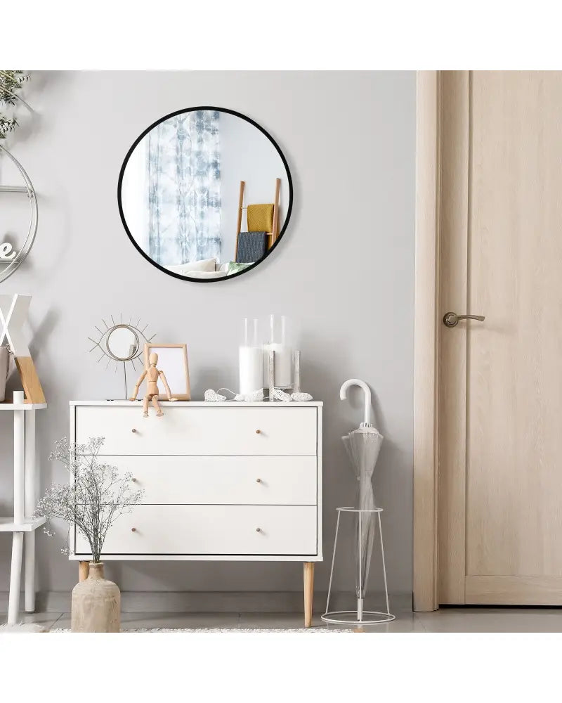 16-inch Round Wall Mirror with Aluminum Alloy Frame-Black - Black - Wall Mirrors