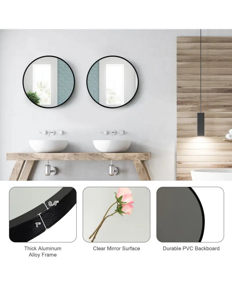 16-inch Round Wall Mirror with Aluminum Alloy Frame-Black - Black - Wall Mirrors