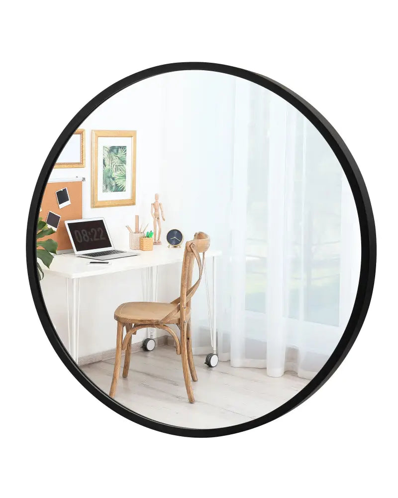 16-inch Round Wall Mirror with Aluminum Alloy Frame-Black - Black - Wall Mirrors