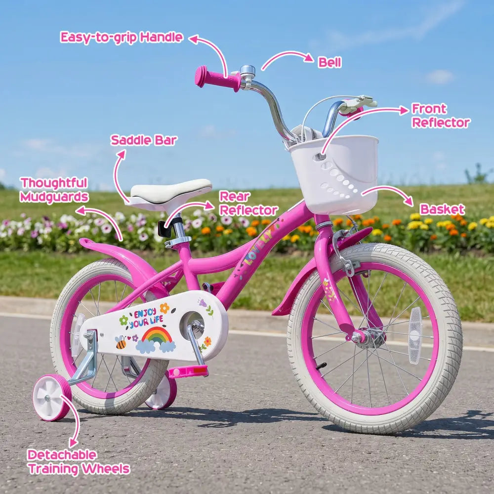 16 Inches Girls Bike for 4-7 Years Old with Basket - Spring Party Pink - Pink - Kids Bike